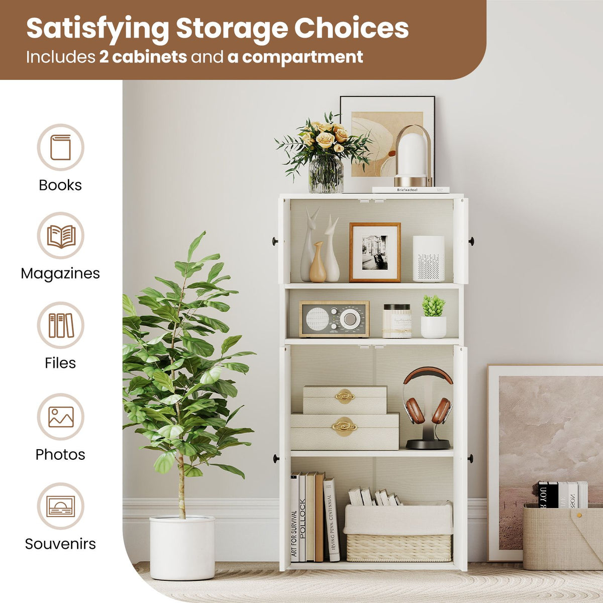 Modern Bookcase Floor Standing Storage Cabinet with Doors and Adjustable Shelf