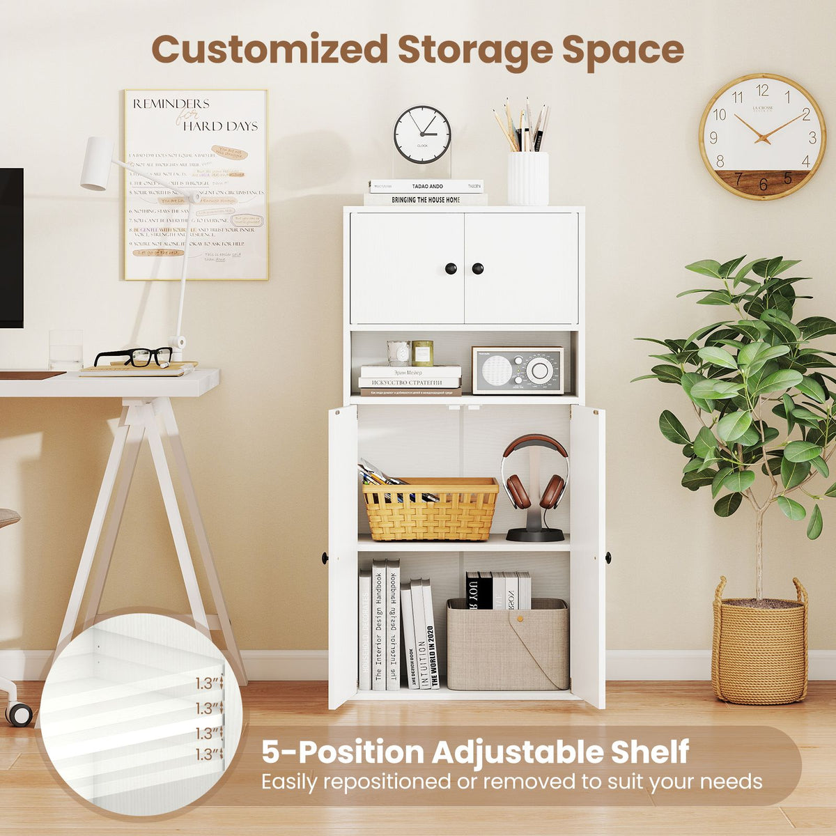 Modern Bookcase Floor Standing Storage Cabinet with Doors and Adjustable Shelf