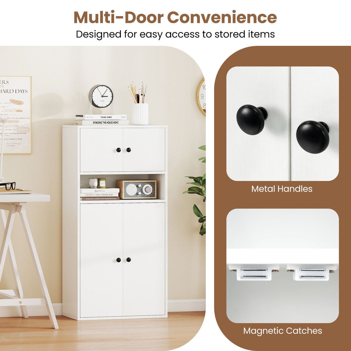 Modern Bookcase Floor Standing Storage Cabinet with Doors and Adjustable Shelf