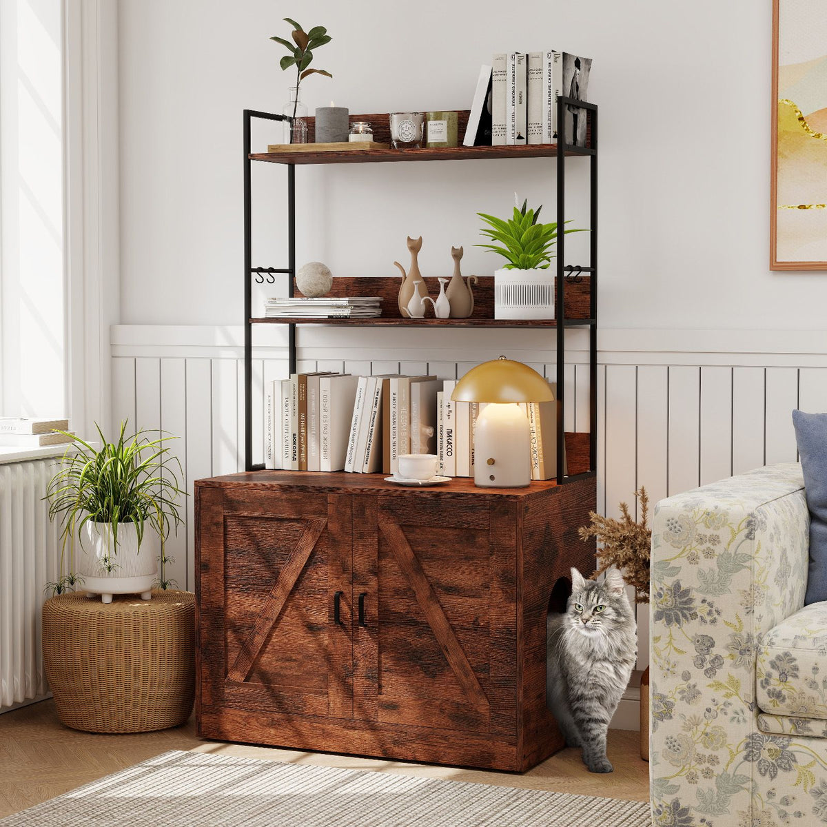 Modern Cat Litter Box Enclosure Hidden Cat Washroom Cabinet with 3-Tier Shelves