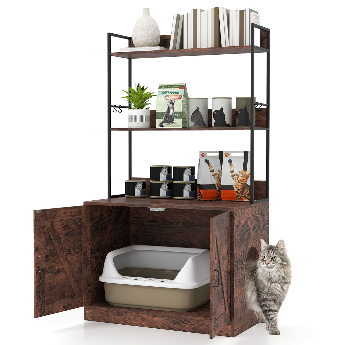 Modern Cat Litter Box Enclosure Hidden Cat Washroom Cabinet with 3-Tier Shelves