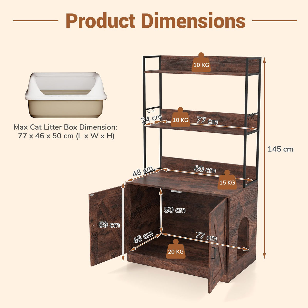 Modern Cat Litter Box Enclosure Hidden Cat Washroom Cabinet with 3-Tier Shelves