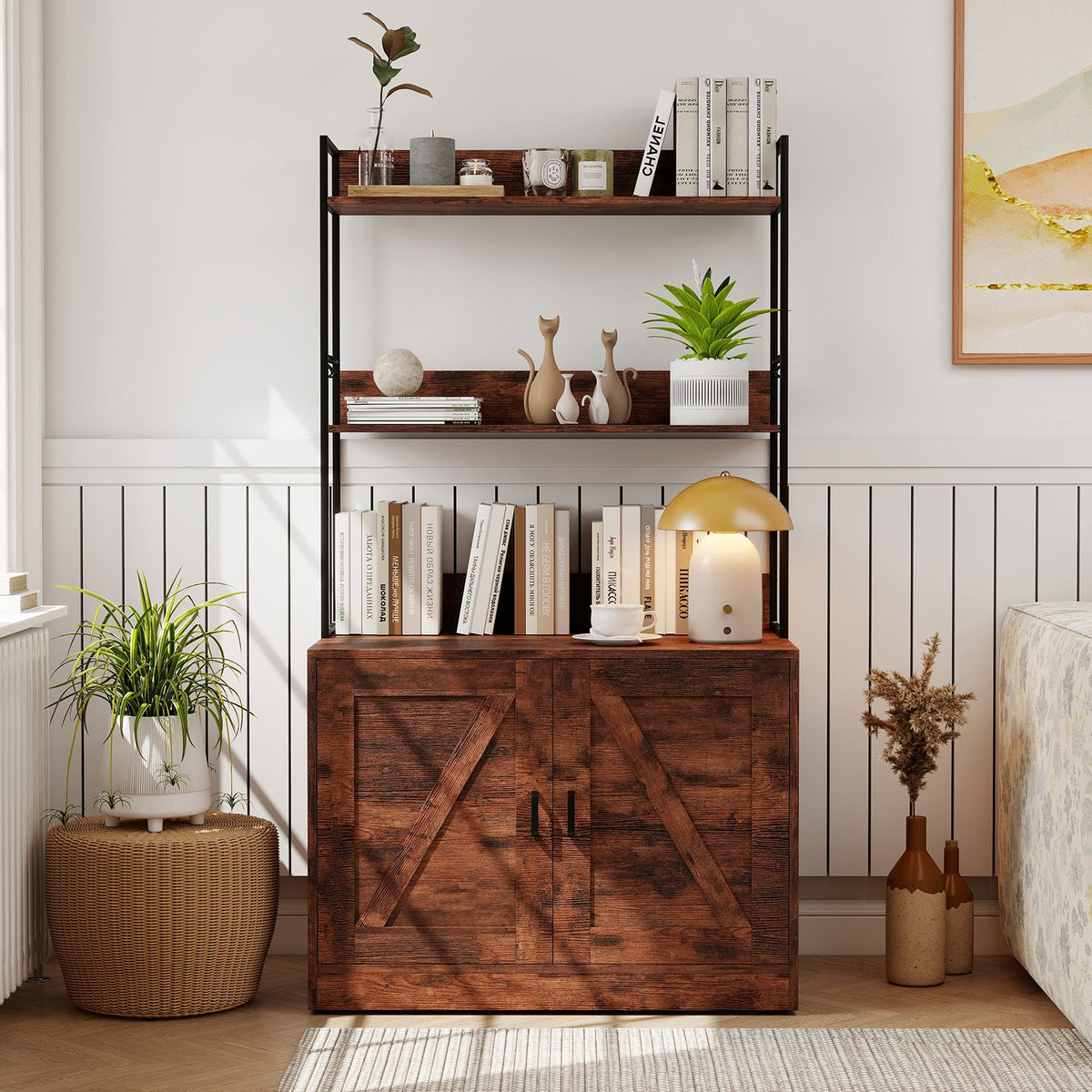 Modern Cat Litter Box Enclosure Hidden Cat Washroom Cabinet with 3-Tier Shelves