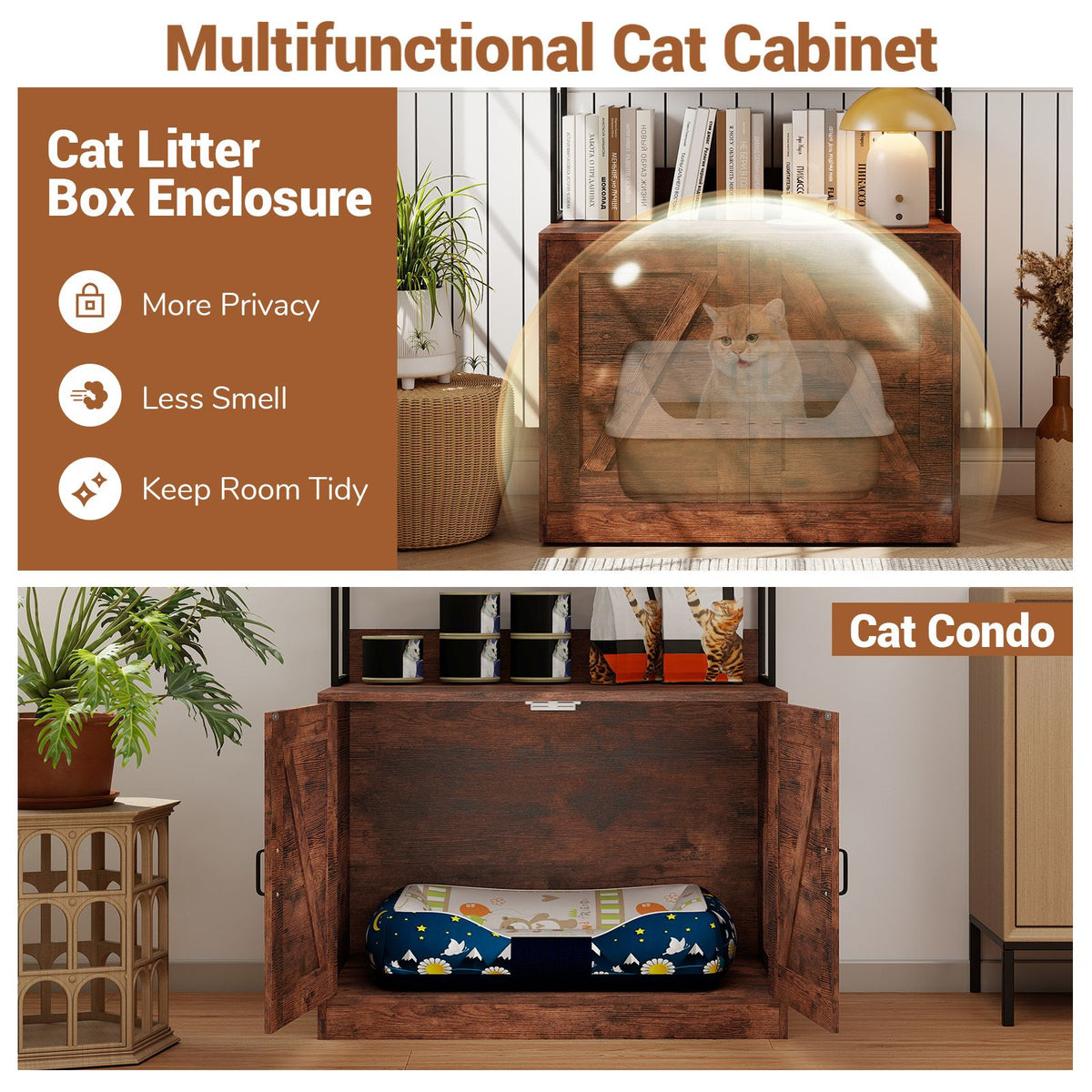 Modern Cat Litter Box Enclosure Hidden Cat Washroom Cabinet with 3-Tier Shelves
