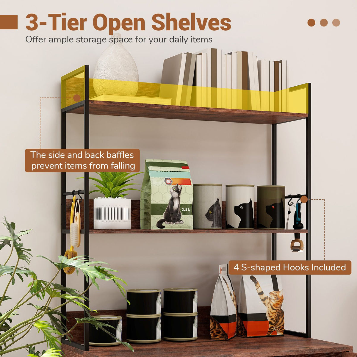 Modern Cat Litter Box Enclosure Hidden Cat Washroom Cabinet with 3-Tier Shelves