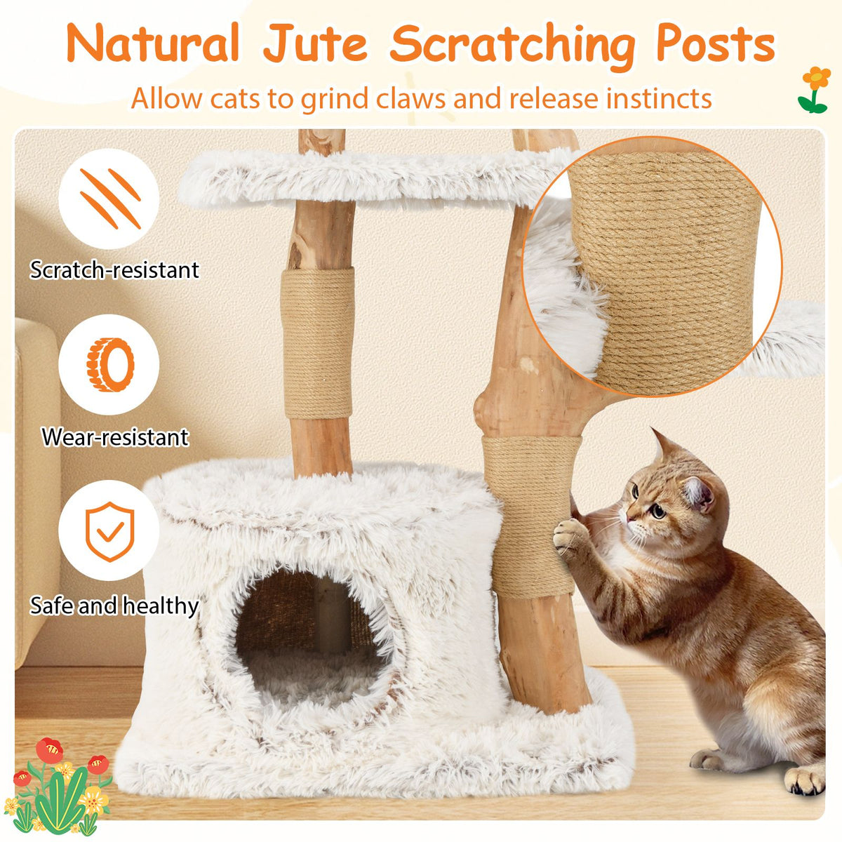 Natural Branch Cat Tree Luxury Solid Wood for Indoor Kitten and Cat