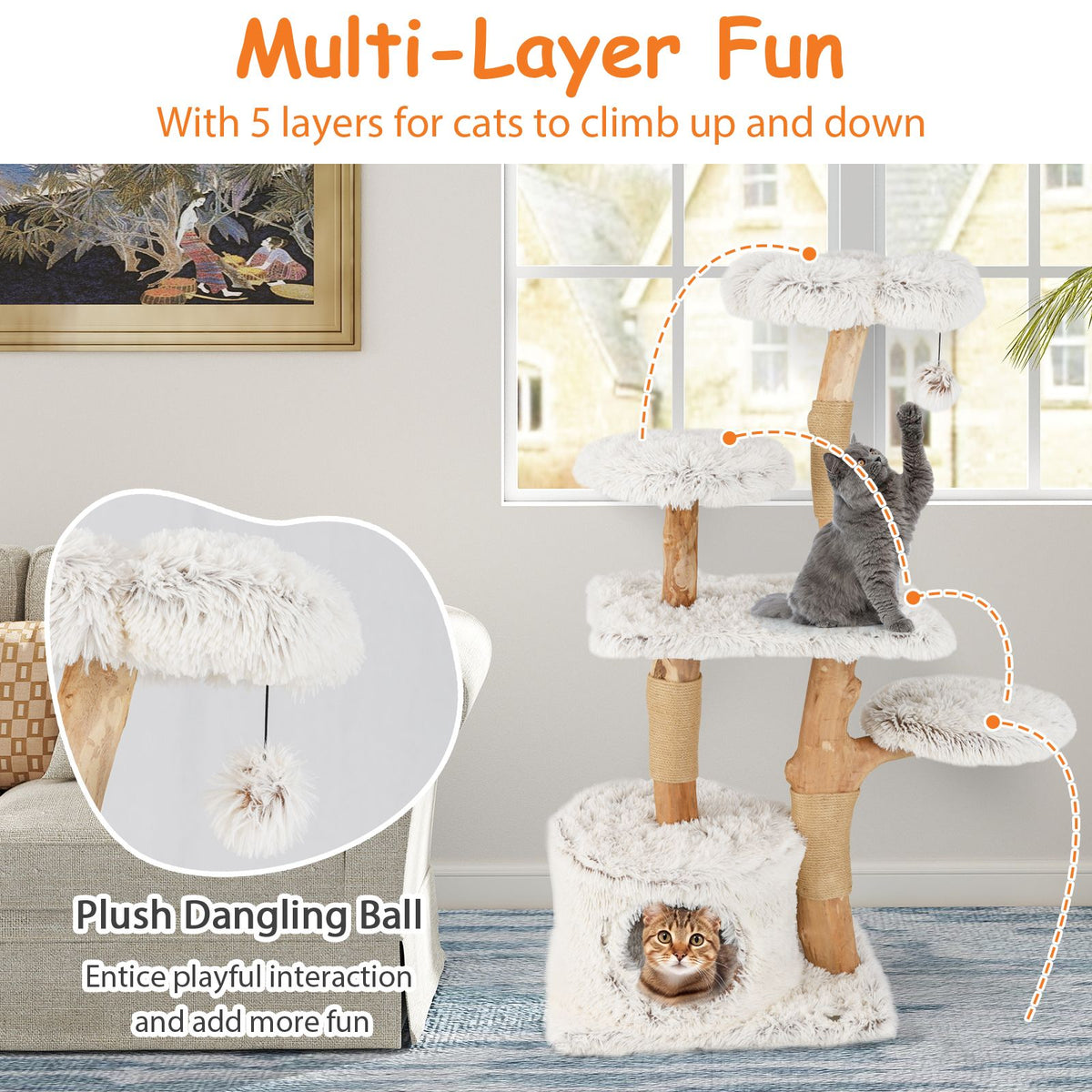 Natural Branch Cat Tree Luxury Solid Wood for Indoor Kitten and Cat