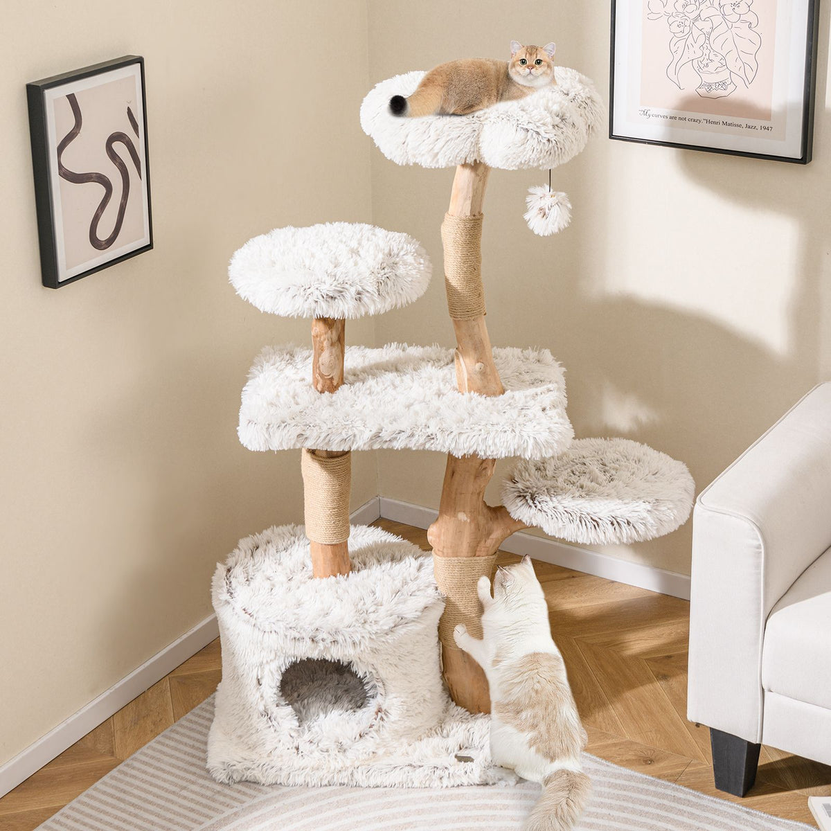 Natural Branch Cat Tree Luxury Solid Wood for Indoor Kitten and Cat