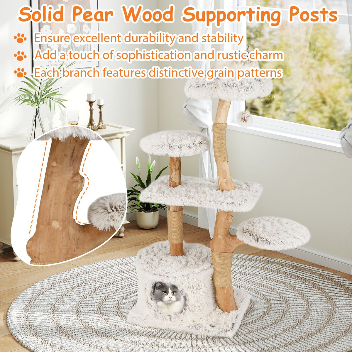 Natural Branch Cat Tree Luxury Solid Wood for Indoor Kitten and Cat