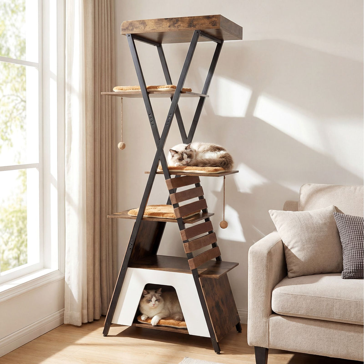 Modern Cat Tree for Indoor Cats with Elevated Perch and Large Condo for Cats