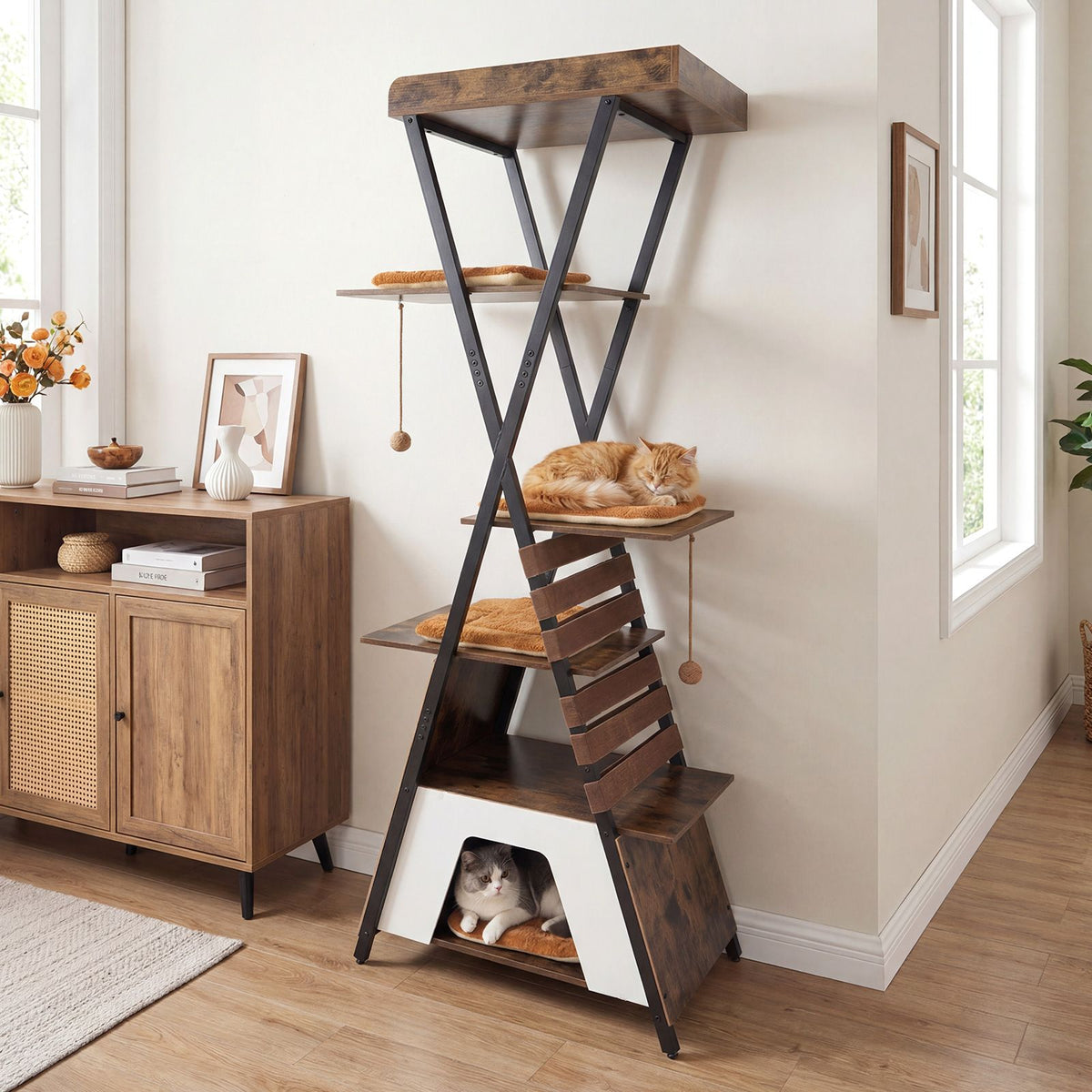 Modern Cat Tree for Indoor Cats with Elevated Perch and Large Condo for Cats