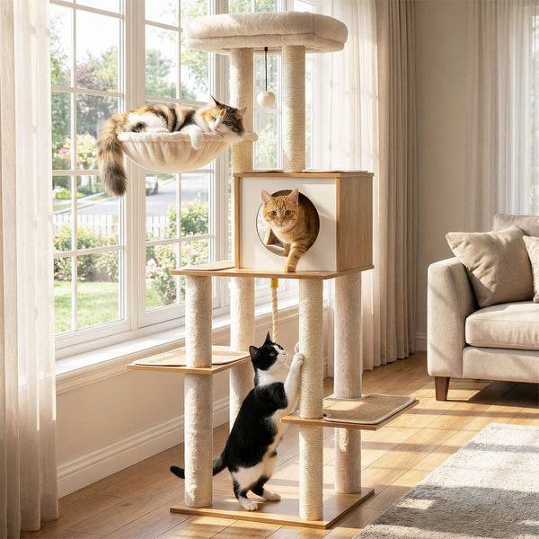 148 CM Tall Modern Cat Tree with Sisal Scratching Posts and Wide Perch
