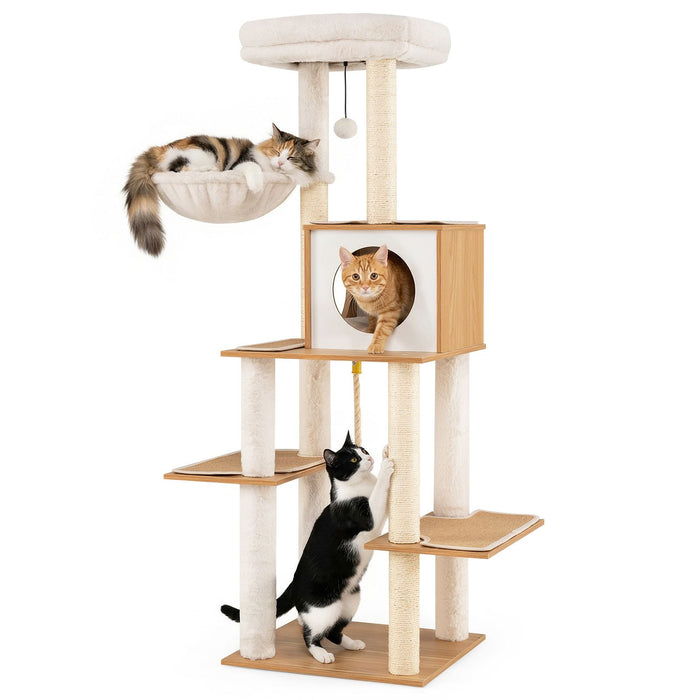 148 CM Tall Modern Cat Tree with Sisal Scratching Posts and Wide Perch