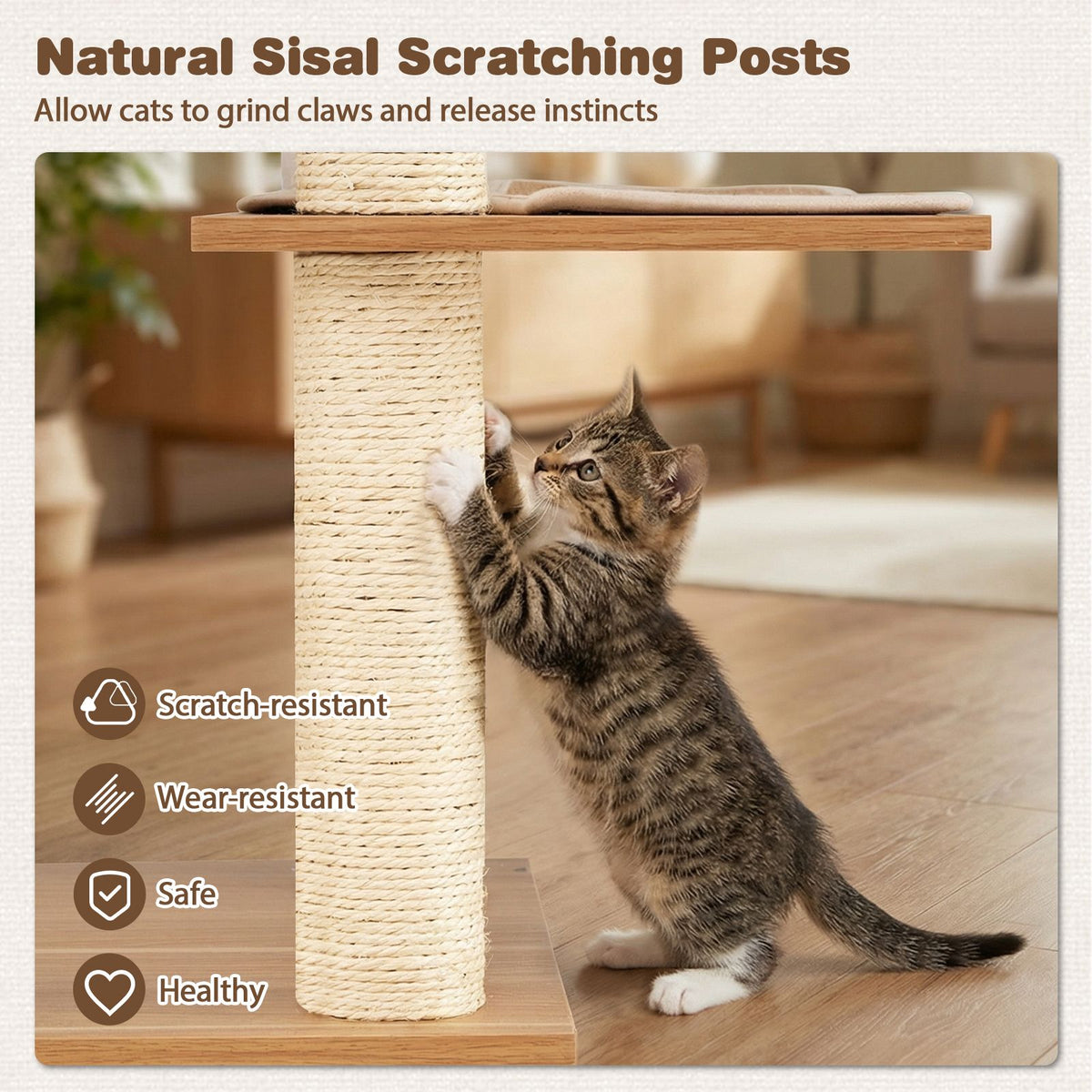 148 CM Tall Modern Cat Tree with Sisal Scratching Posts and Wide Perch