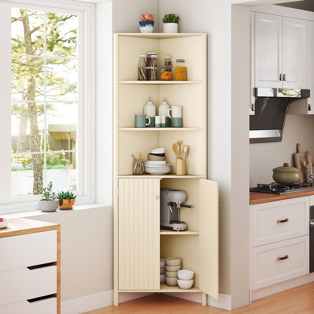 Modern Corner Storage Cabinet with 5 Shelves and 2 Fluted Doors
