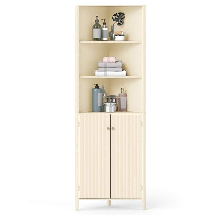 Modern Corner Storage Cabinet with 5 Shelves and 2 Fluted Doors