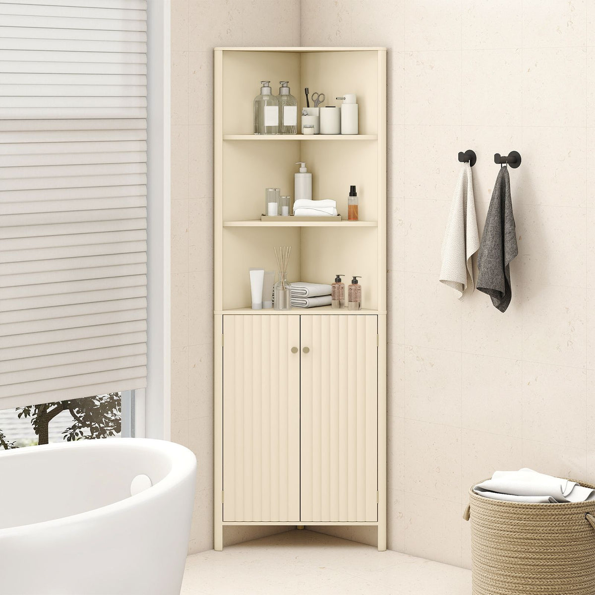 Modern Corner Storage Cabinet with 5 Shelves and 2 Fluted Doors