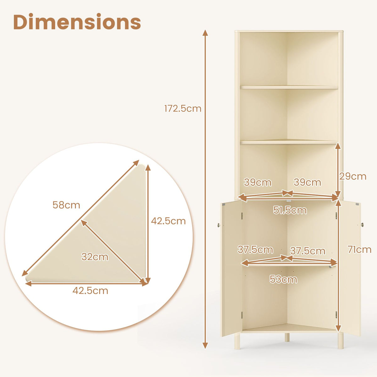 Modern Corner Storage Cabinet with 5 Shelves and 2 Fluted Doors