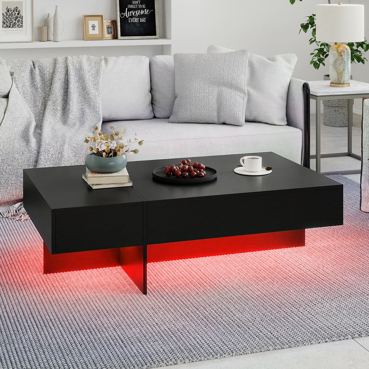 Modern LED Coffee Table with 3 Storage Drawers and Rectangular Center Table for Living Room