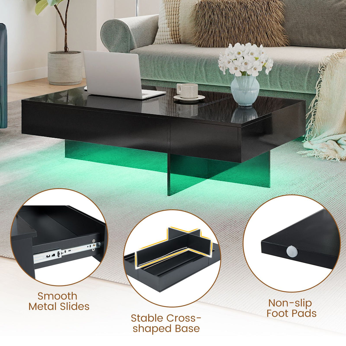 Modern LED Coffee Table with 3 Storage Drawers and Rectangular Center Table for Living Room