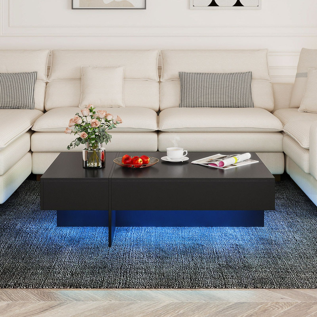 Modern LED Coffee Table with 3 Storage Drawers and Rectangular Center Table for Living Room