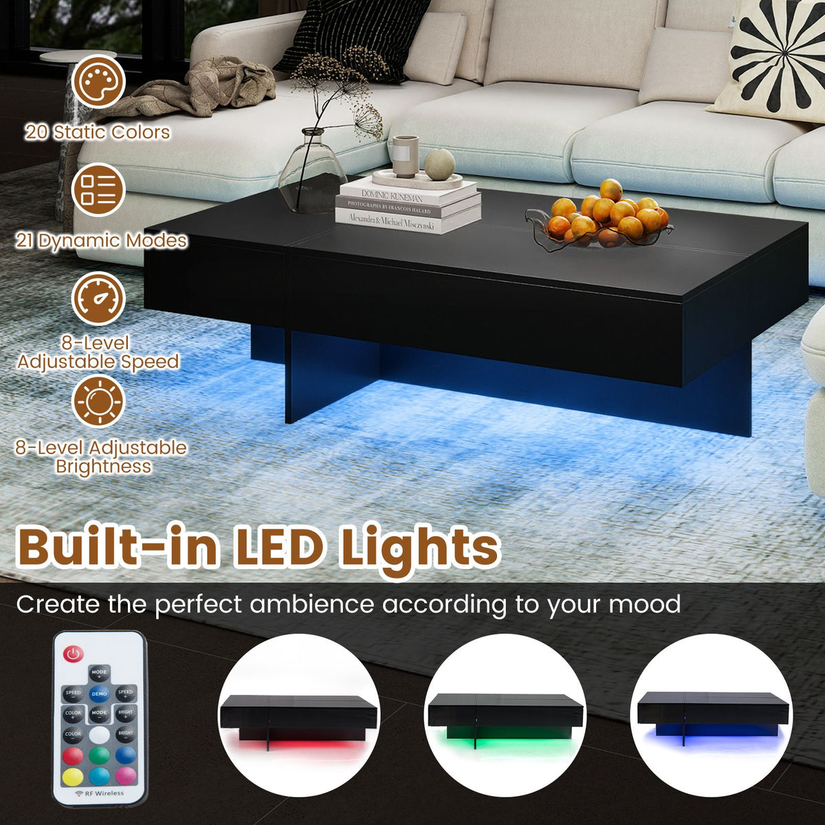 Modern LED Coffee Table with 3 Storage Drawers and Rectangular Center Table for Living Room