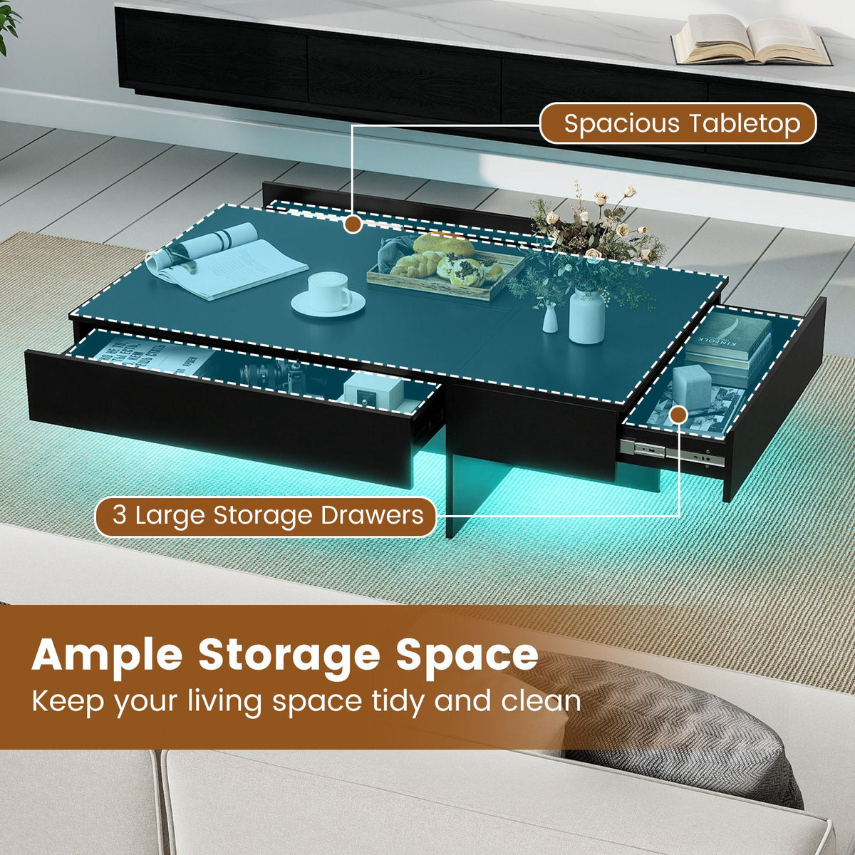 Modern LED Coffee Table with 3 Storage Drawers and Rectangular Center Table for Living Room