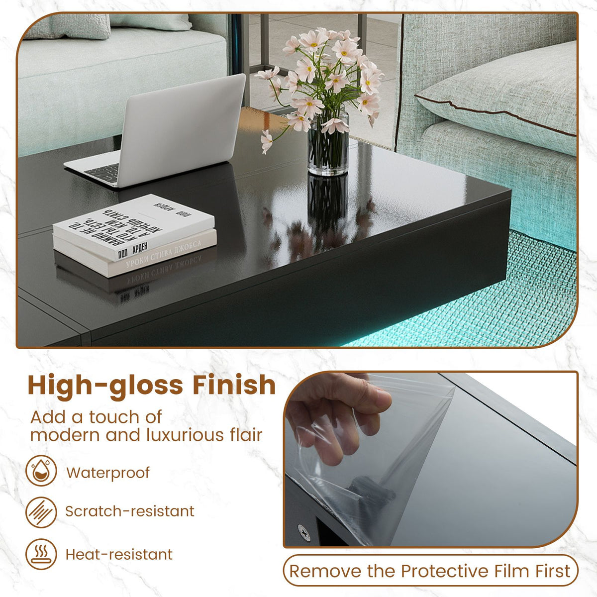 Modern LED Coffee Table with 3 Storage Drawers and Rectangular Center Table for Living Room