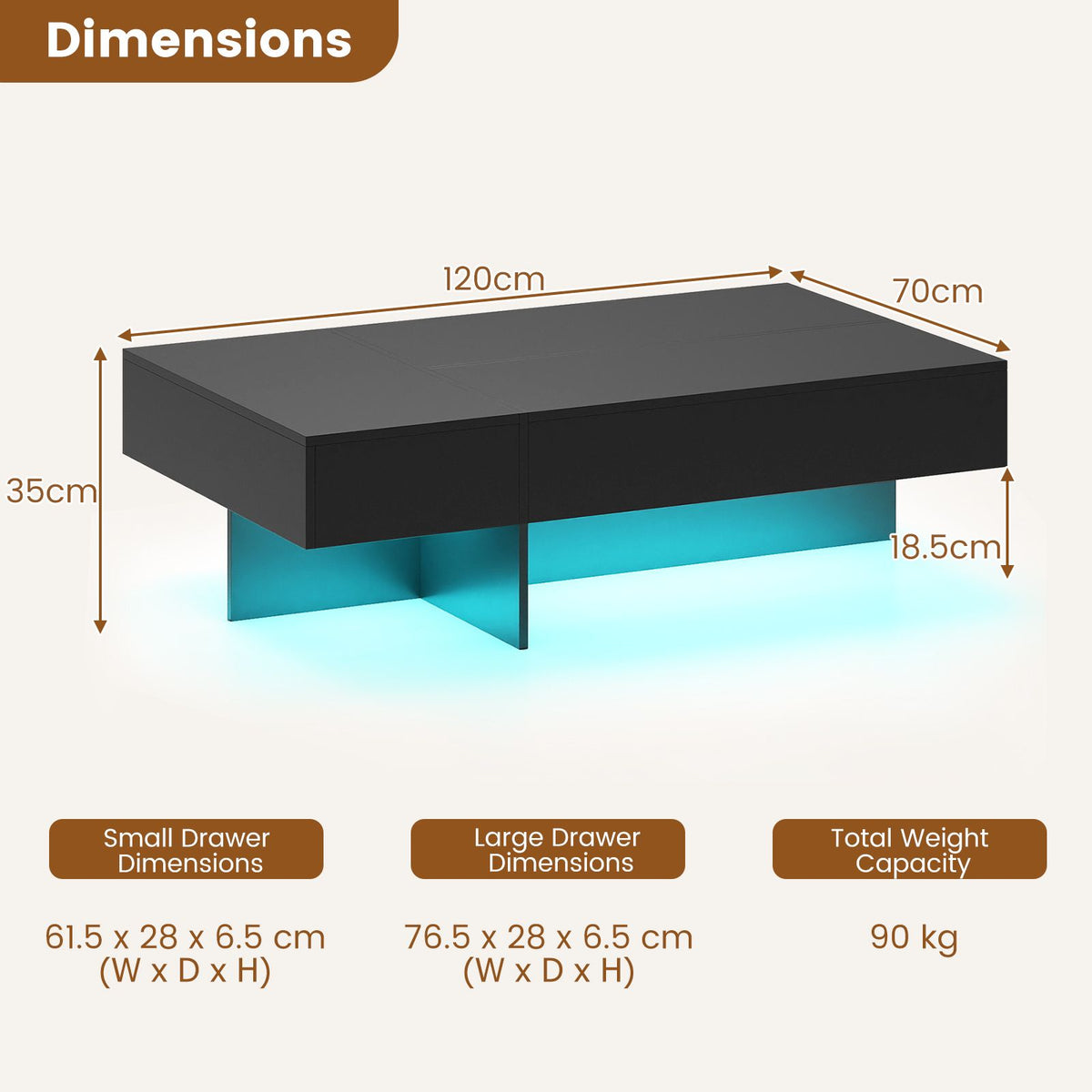 Modern LED Coffee Table with 3 Storage Drawers and Rectangular Center Table for Living Room