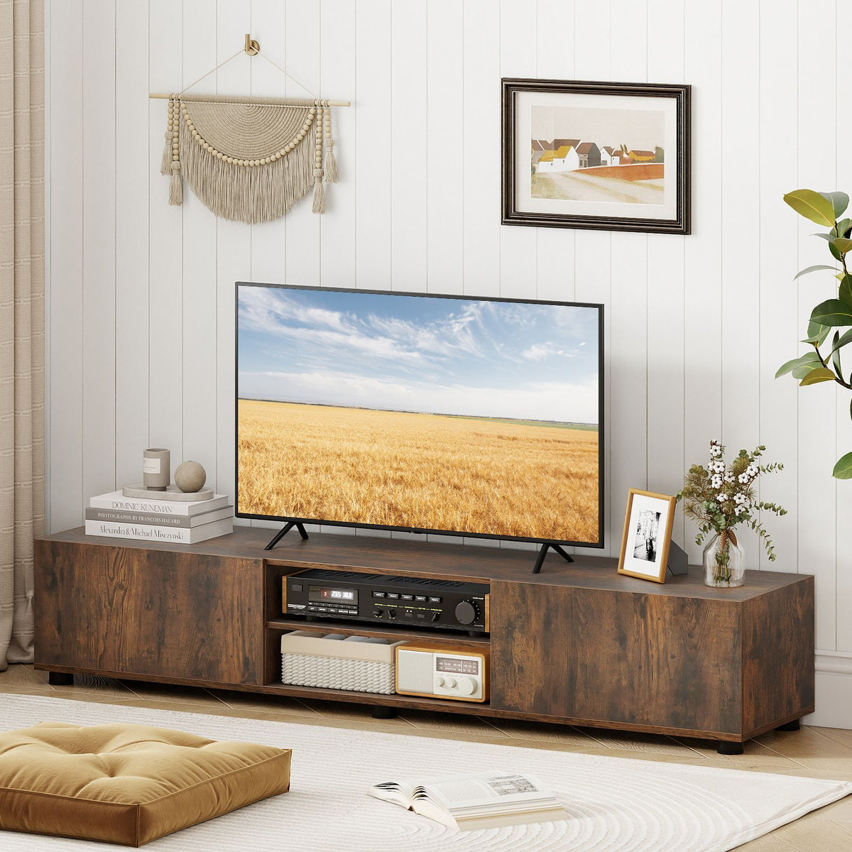 Modern TV Stand for up to 70" TVs with 2 Doors and Open Shelves for Living Room