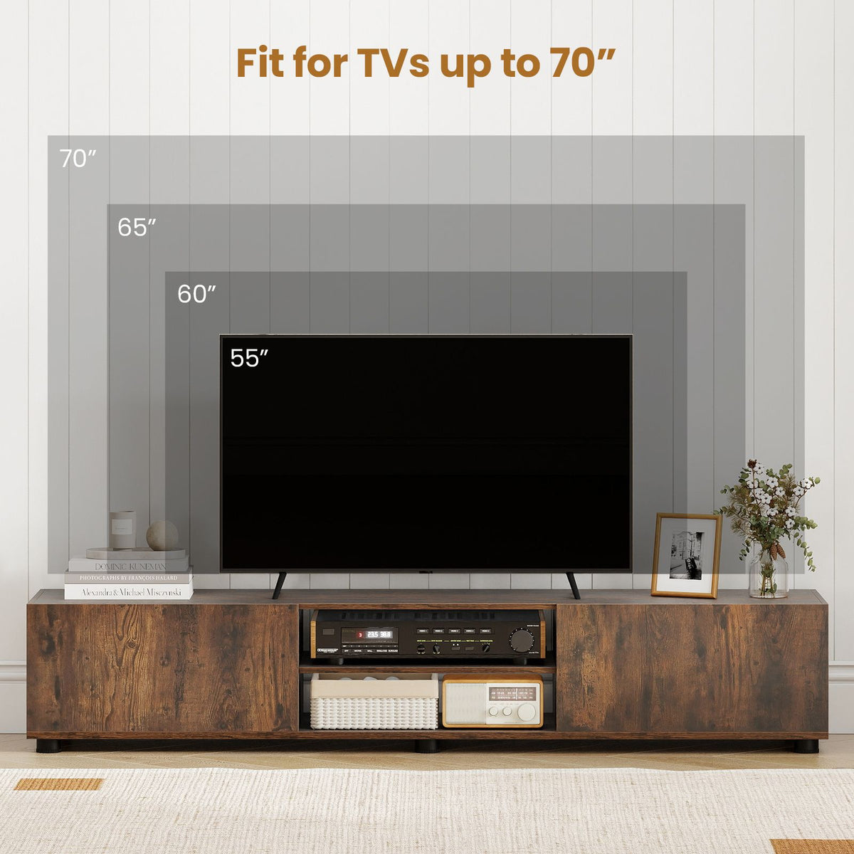 Modern TV Stand for up to 70" TVs with 2 Doors and Open Shelves for Living Room
