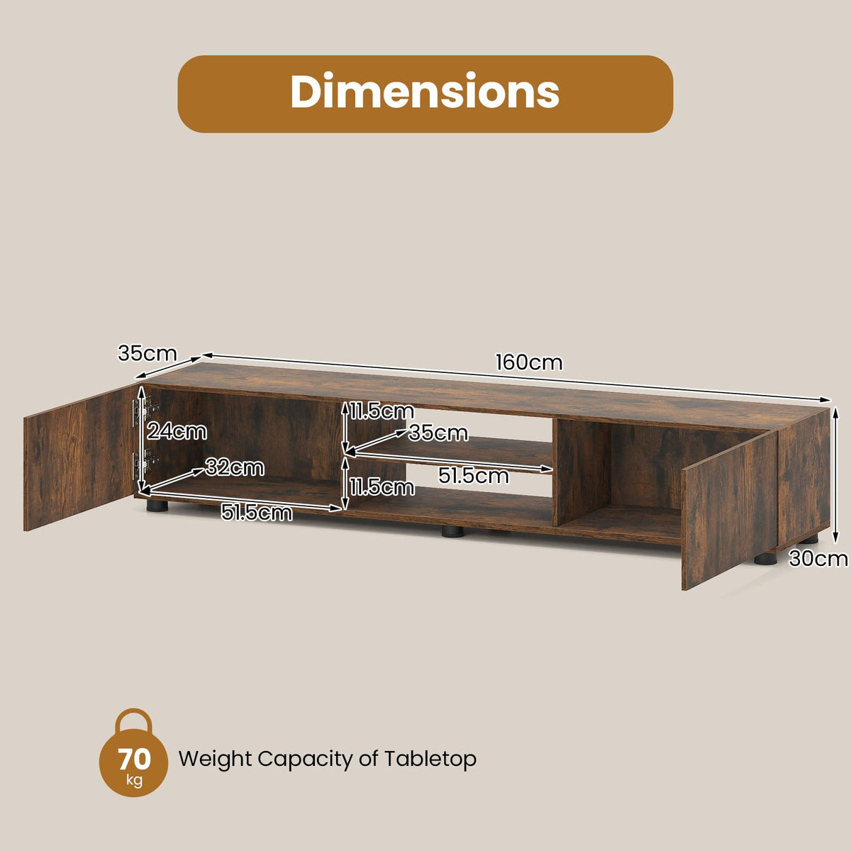 Modern TV Stand for up to 70" TVs with 2 Doors and Open Shelves for Living Room