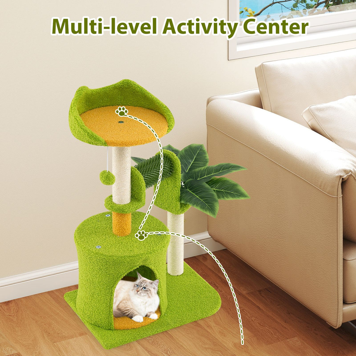 Multi-Level Cat Tower with Self Groomer and Dangling Ball