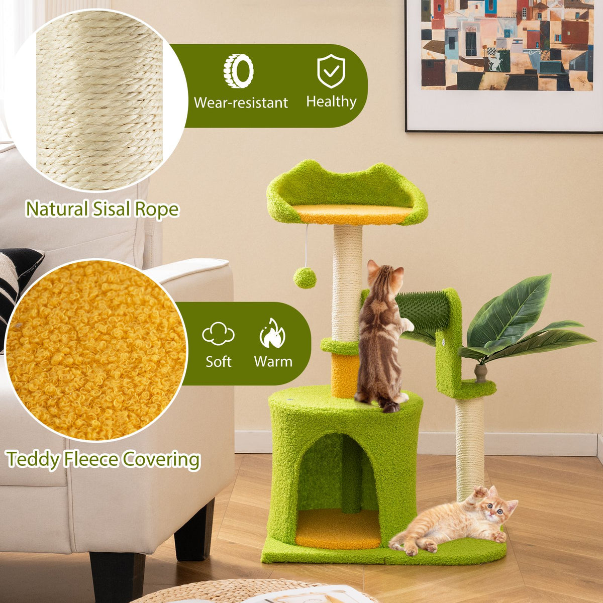 Multi-Level Cat Tower with Self Groomer and Dangling Ball