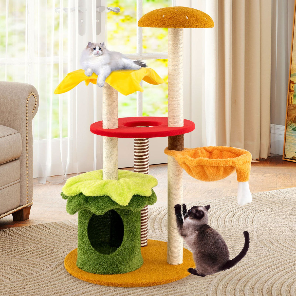 Multi-Level Hamburger-Theme Cat Tree with Hanging Bed and Condo