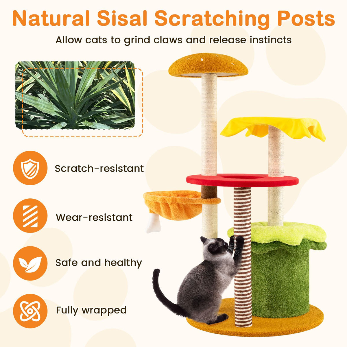 Multi-Level Hamburger-Theme Cat Tree with Hanging Bed and Condo