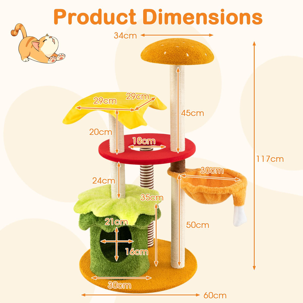 Multi-Level Hamburger-Theme Cat Tree with Hanging Bed and Condo