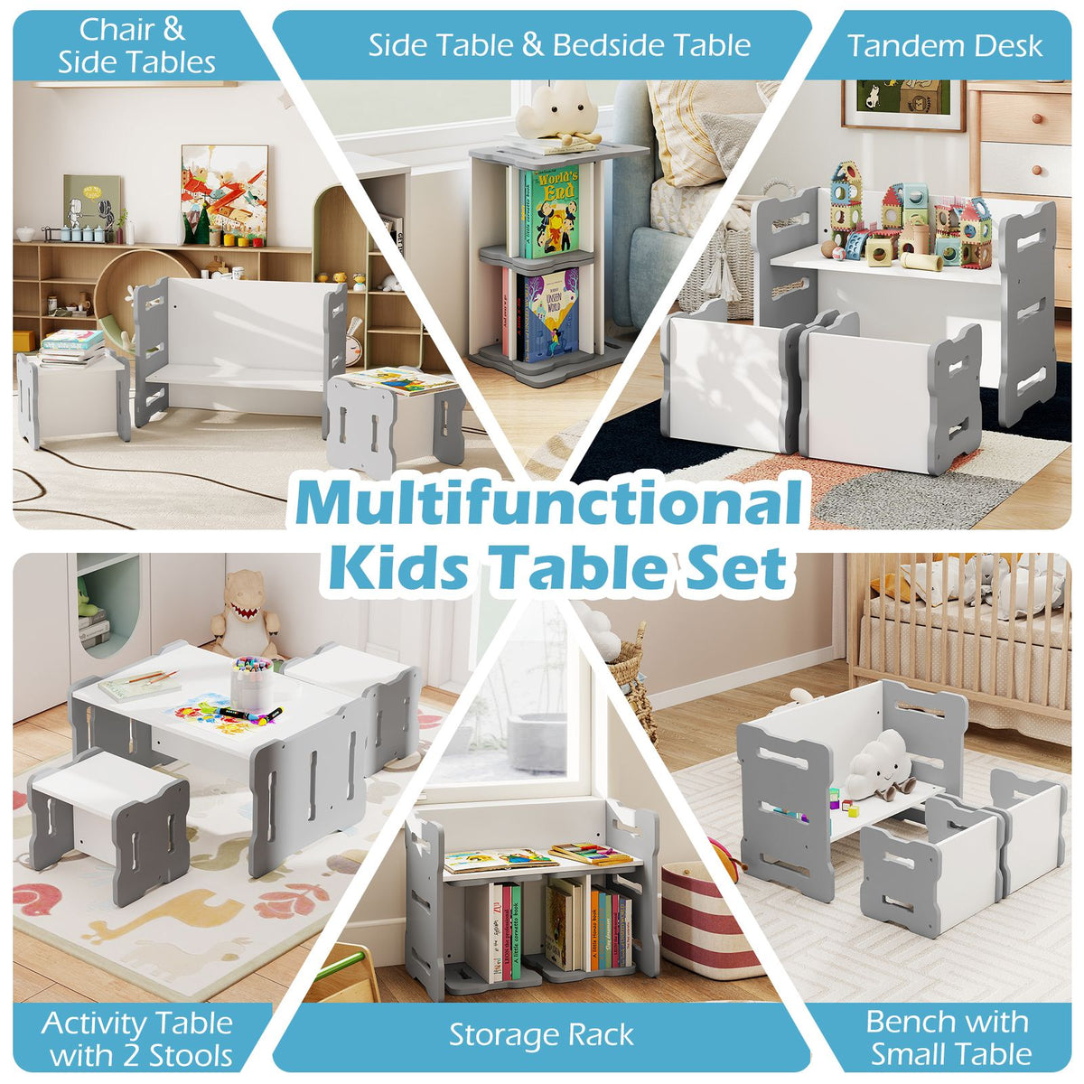 Multi-Use Toddler Furniture Set with Convertible Bench and 2 Tables