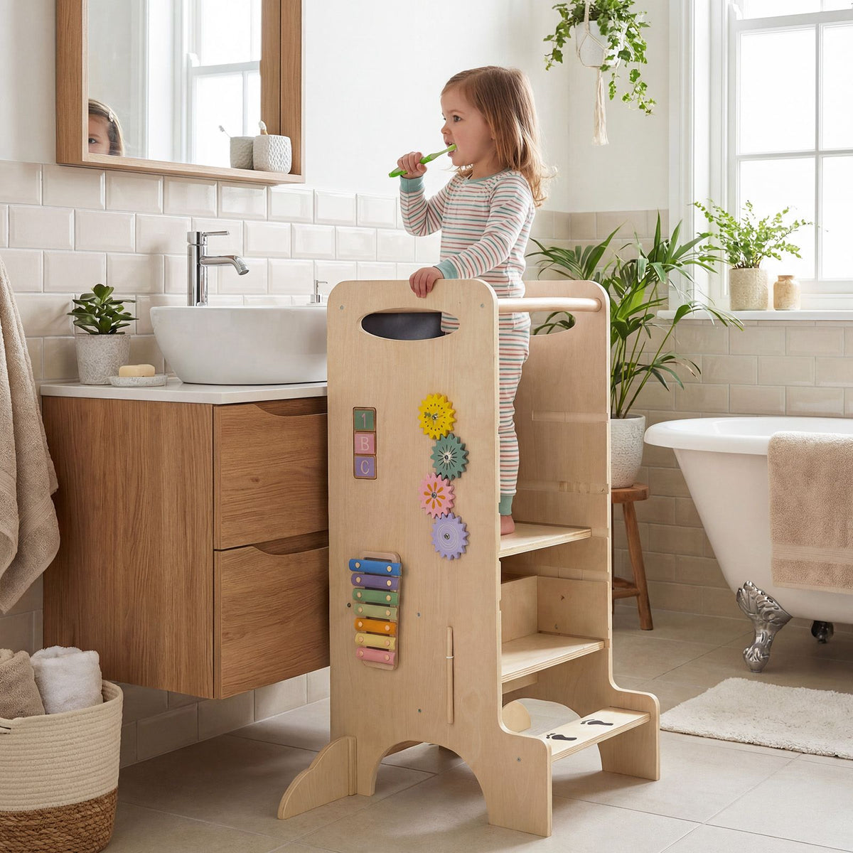 Multifunctional Kids Step Stool with 3 Adjustable Heights and Removable Chalkboard