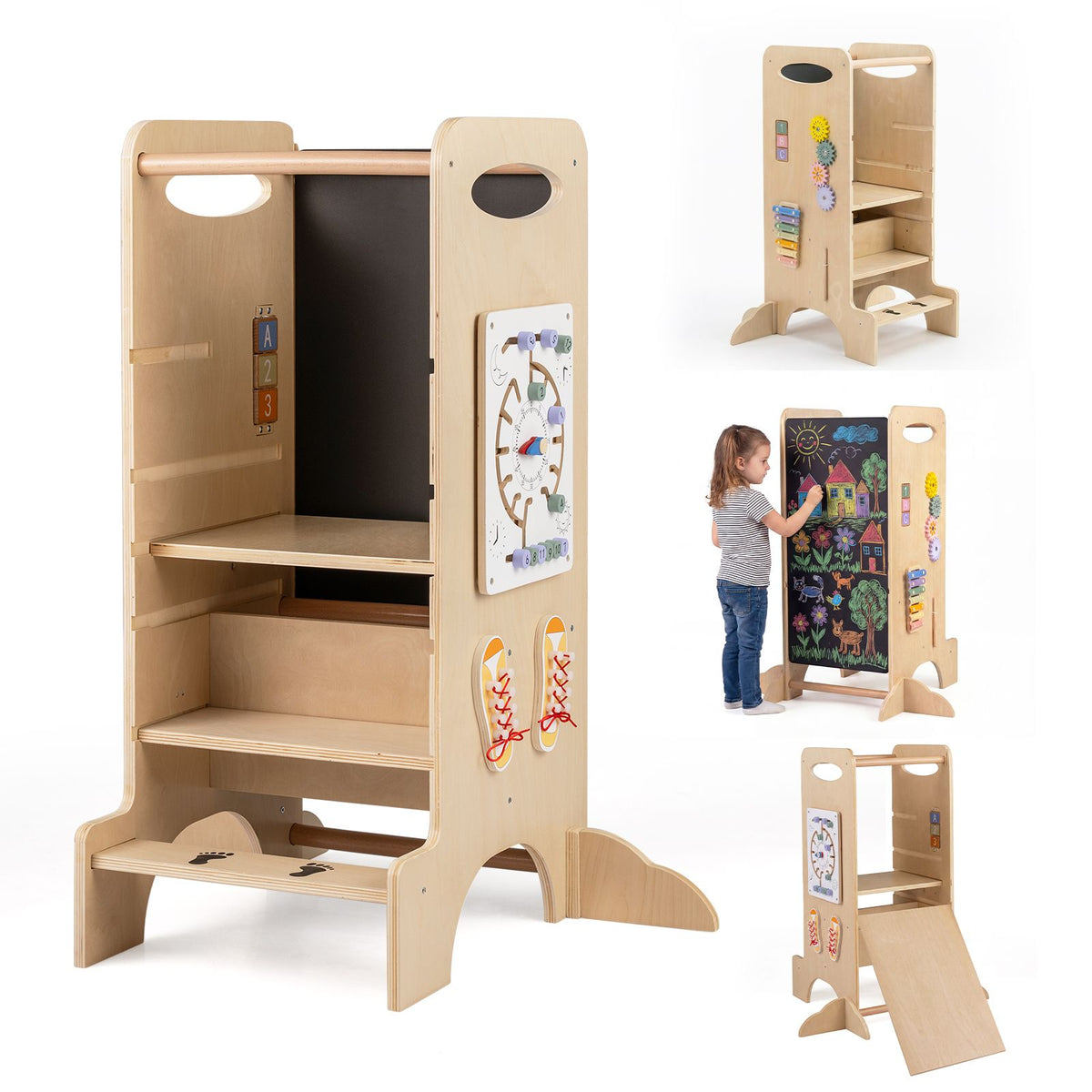Multifunctional Kids Step Stool with 3 Adjustable Heights and Removable Chalkboard
