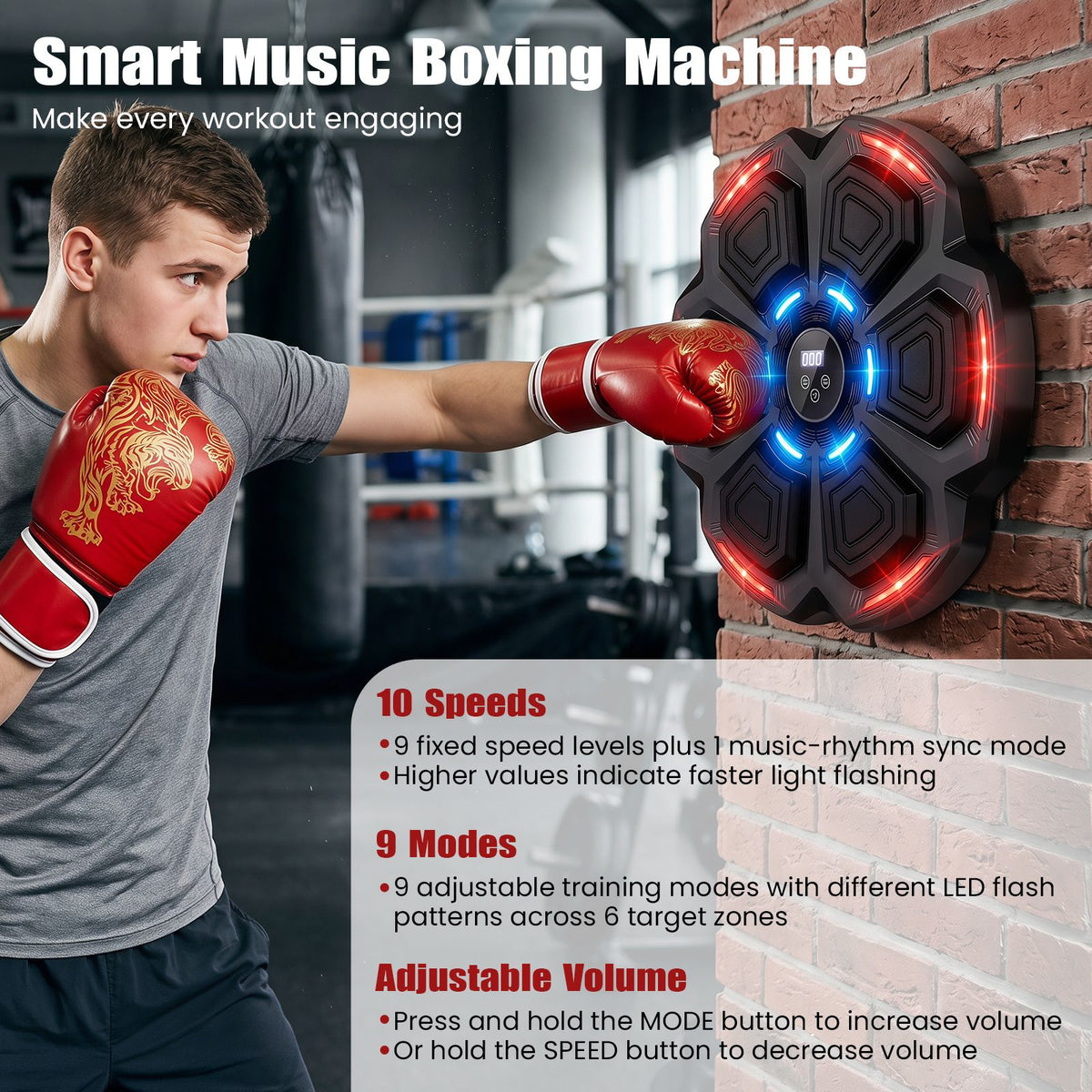 Music Boxing Machine with Gloves & Bluetooth Rhythm and LED Lights 10 Speeds