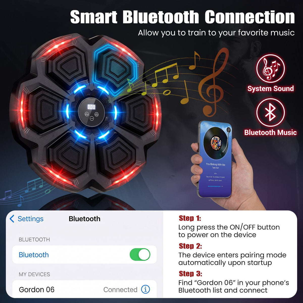 Music Boxing Machine with Gloves & Bluetooth Rhythm and LED Lights 10 Speeds