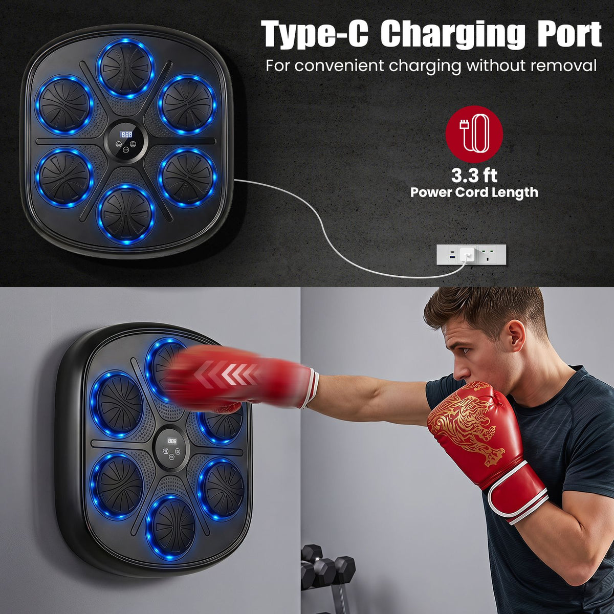 Music Boxing Machine with Gloves and LED Light Targets for Home Gym