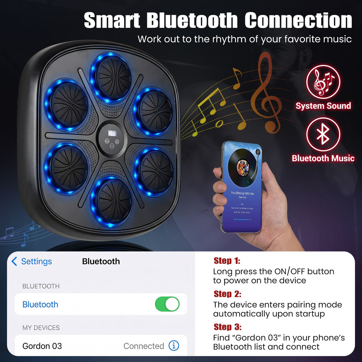 Music Boxing Machine with Gloves and LED Light Targets for Home Gym