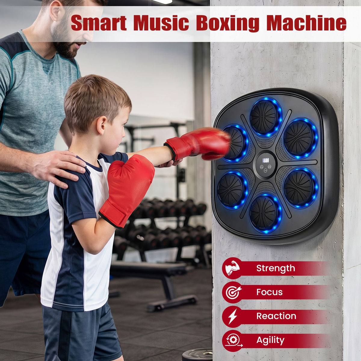 Music Boxing Machine with Gloves and LED Light Targets for Home Gym