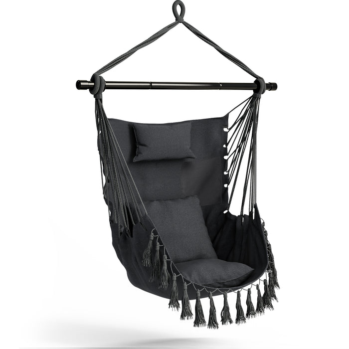Hammock Swing Chair, Hanging Rope Swing w/Detachable Steel Bars, Side Pocket, Head Pillow & 2 Cushions