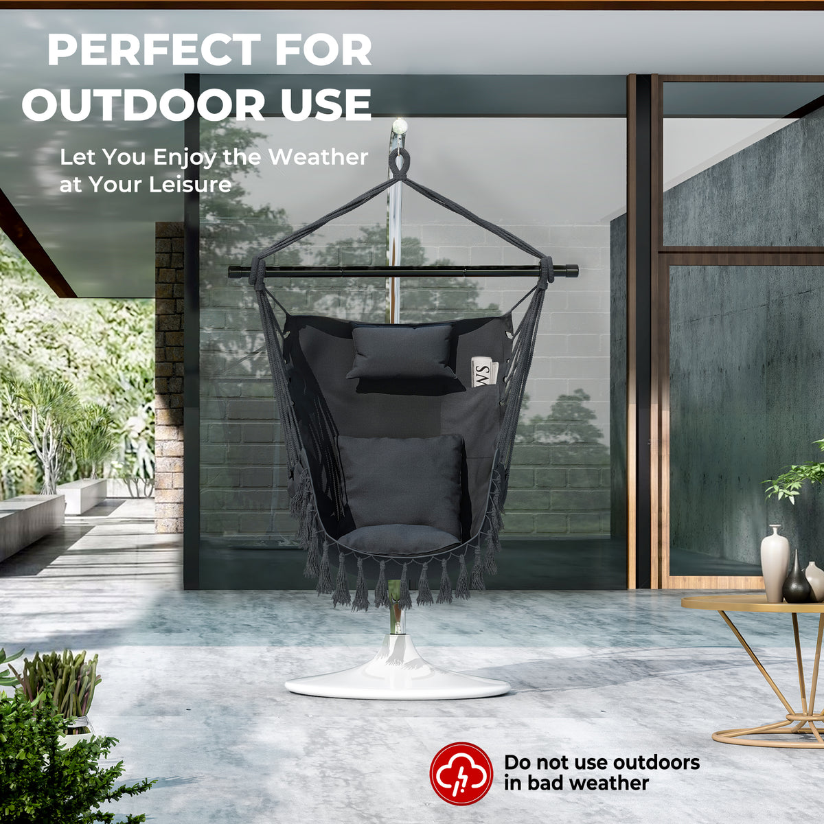 Hammock Swing Chair, Hanging Rope Swing w/Detachable Steel Bars, Side Pocket, Head Pillow & 2 Cushions
