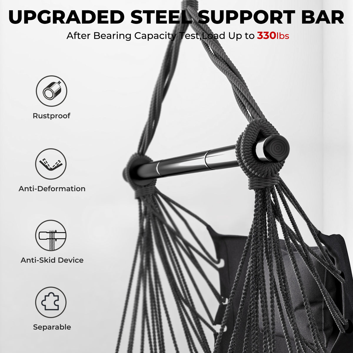 Hammock Swing Chair, Hanging Rope Swing w/Detachable Steel Bars, Side Pocket, Head Pillow & 2 Cushions
