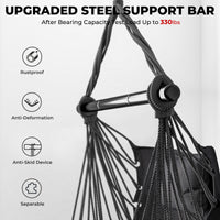Hammock Swing Chair, Hanging Rope Swing w/Detachable Steel Bars, Side Pocket, Head Pillow & 2 Cushions