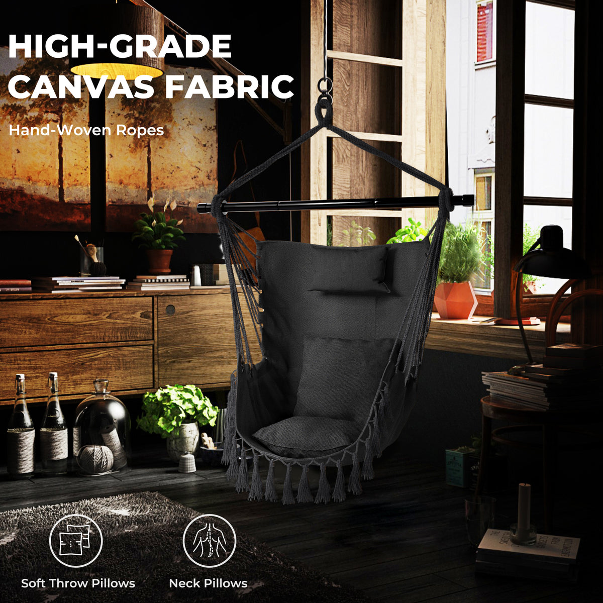 Hammock Swing Chair, Hanging Rope Swing w/Detachable Steel Bars, Side Pocket, Head Pillow & 2 Cushions